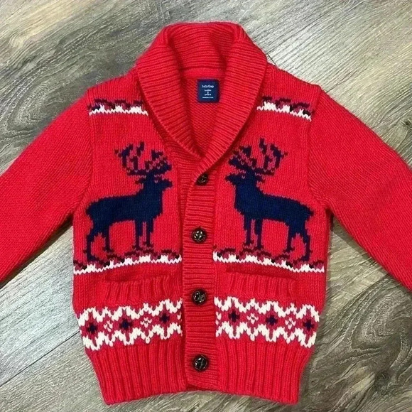 GAP Christmas shawl neck cardigan sweater toddler size 2 years red deer design - Picture 2 of 12